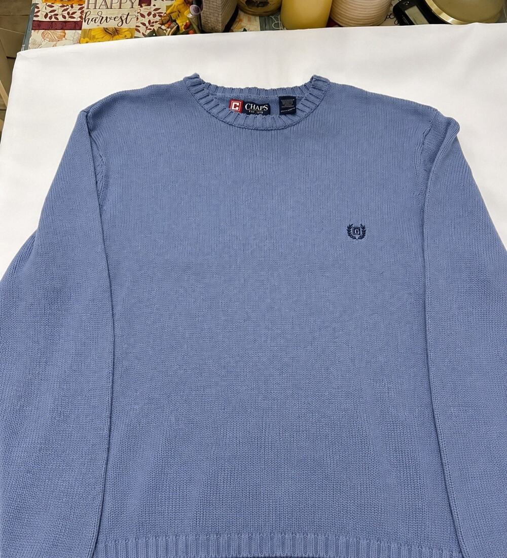 CHAPS Men’s XL Blue 100% Cotton Crewneck Sweater Embroidered Logo